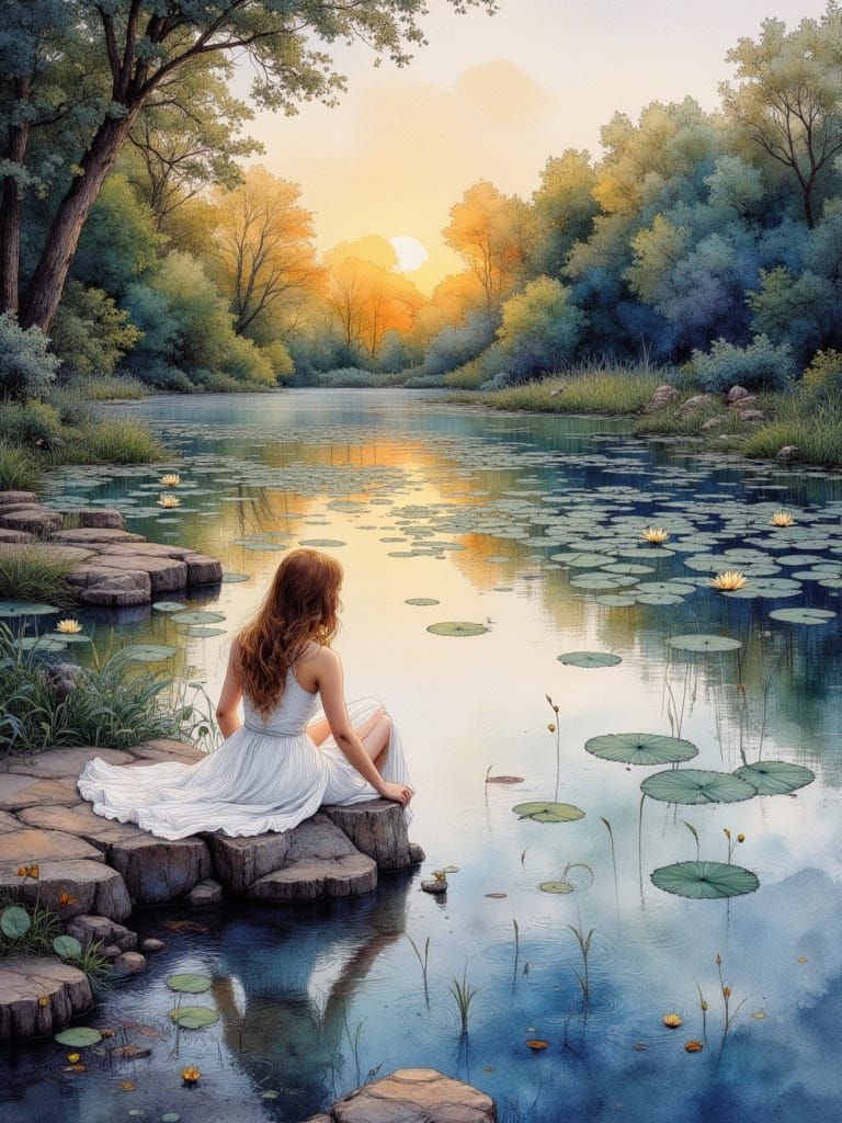 sitting on the edge of a beautiful pond