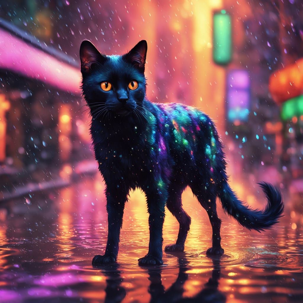 Rainbow Colored Dog and Black Cat Under Iridescent Rain