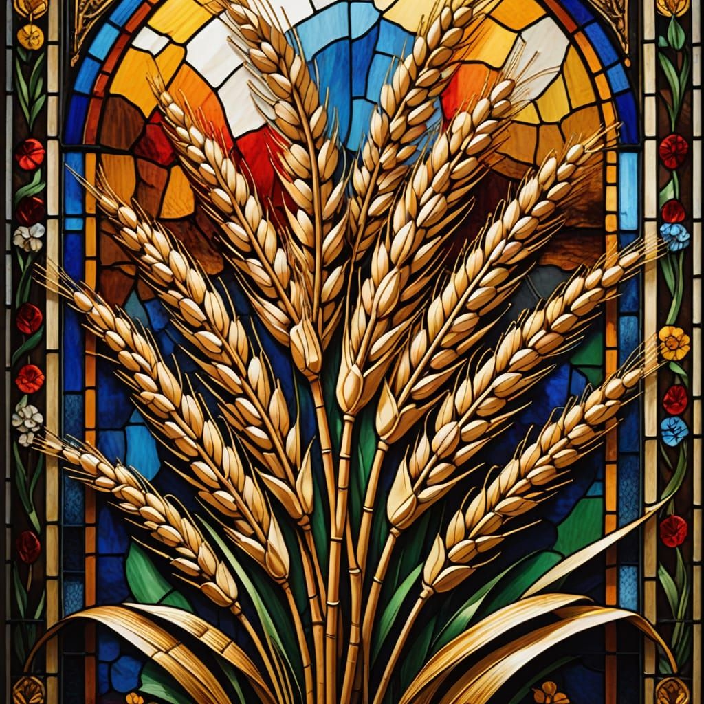 Hyper-Realistic Wheat Still Life with Stained Glass