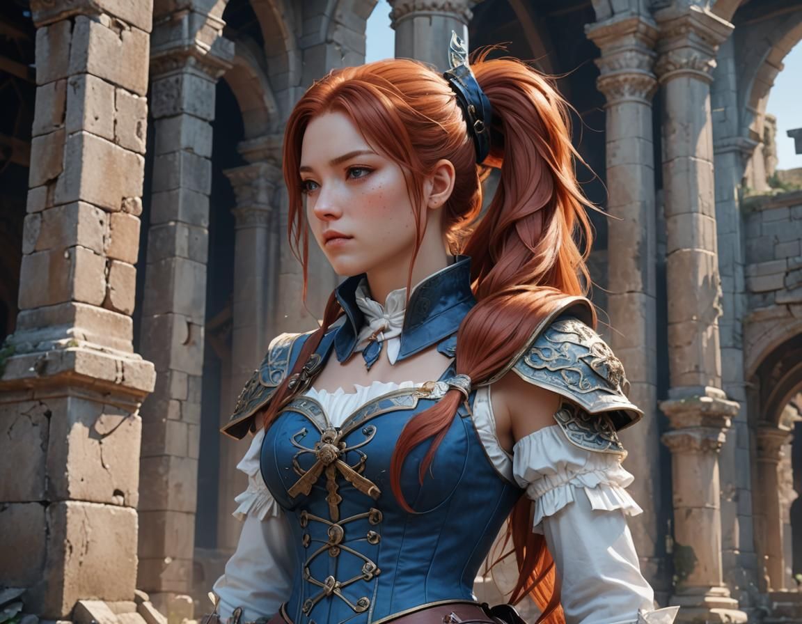 Anime Huntress in Ruined Temple, Dark Fantasy 3D Art