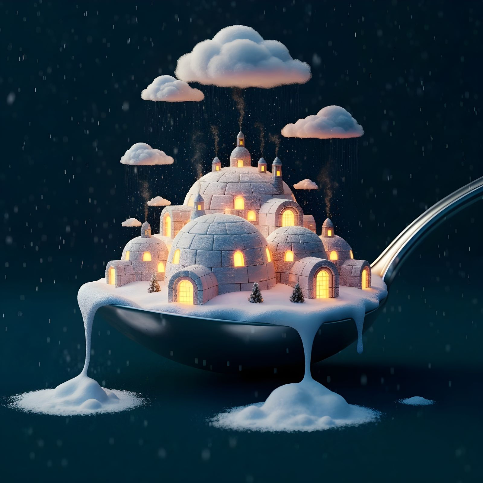 Glowing Igloo Village in Spoon Under Snow Storm