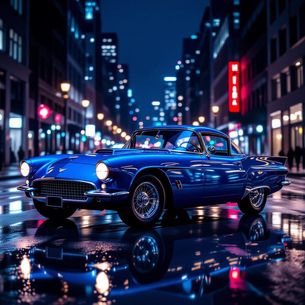 Vintage Cobalt Blue Sports Car at Night
