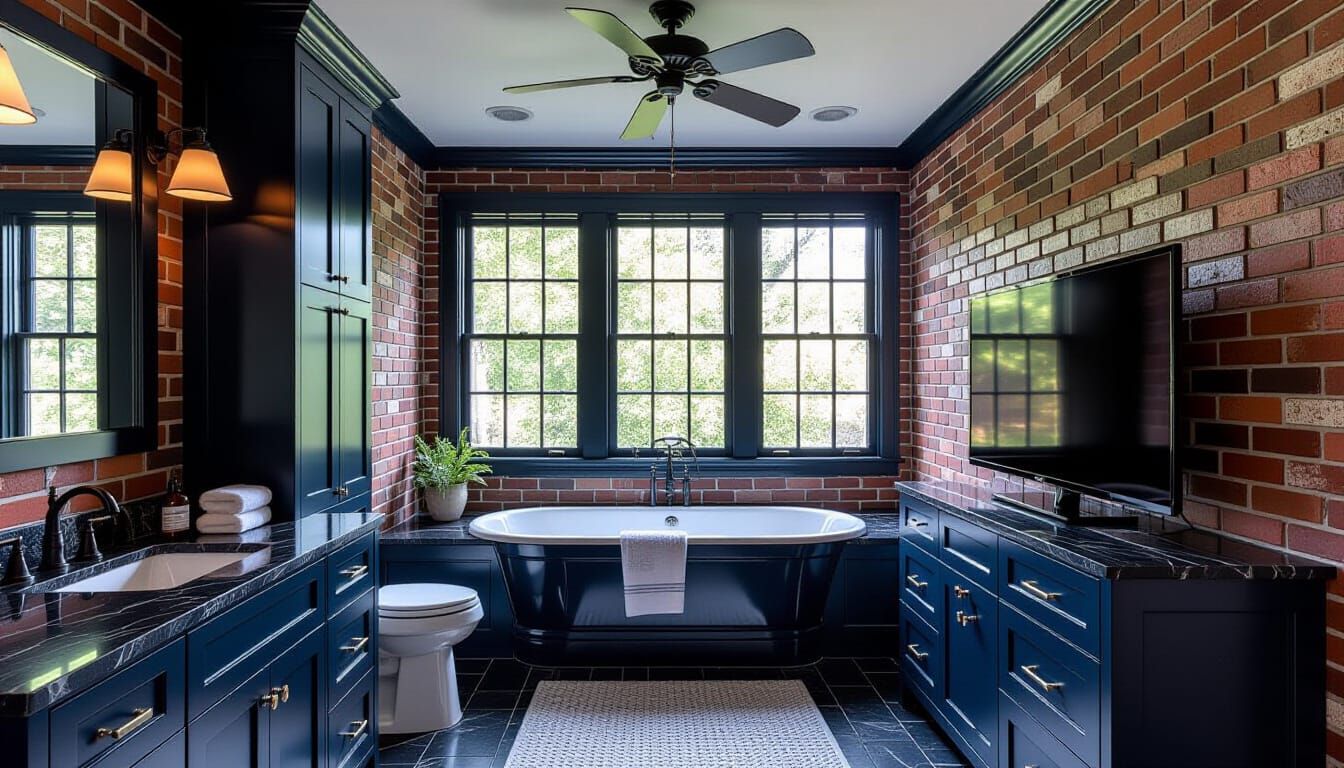 Victorian Dark Blue Bathroom with Brick Accents