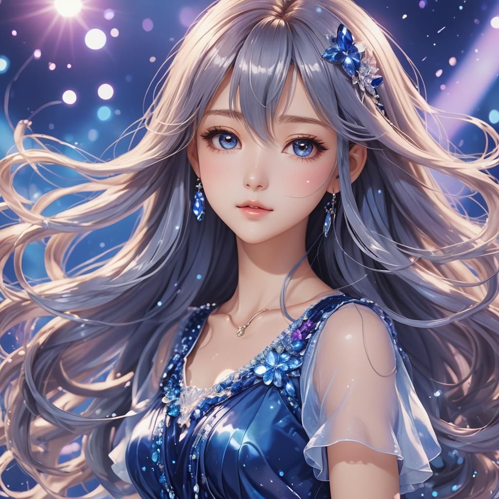 J-Pop Idol in Sapphire Dress Anime Style