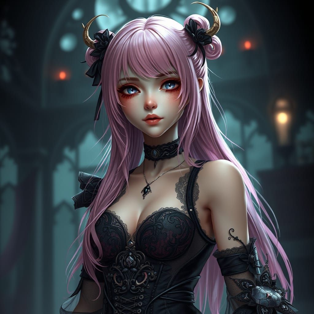 Gothic Anime Goddess in Whimsical Darkness