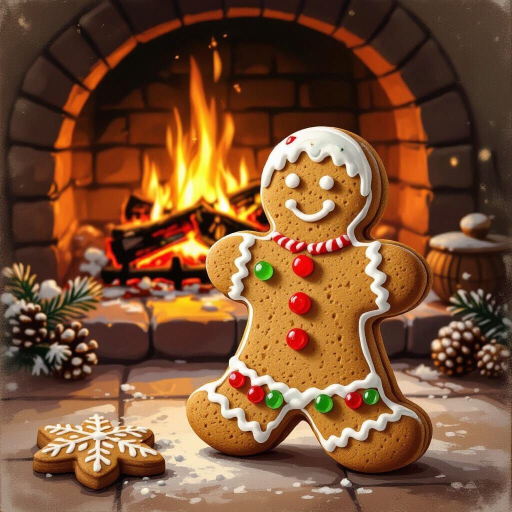 Gingerbread Cookie by Cozy Fireplace in Storybook Style