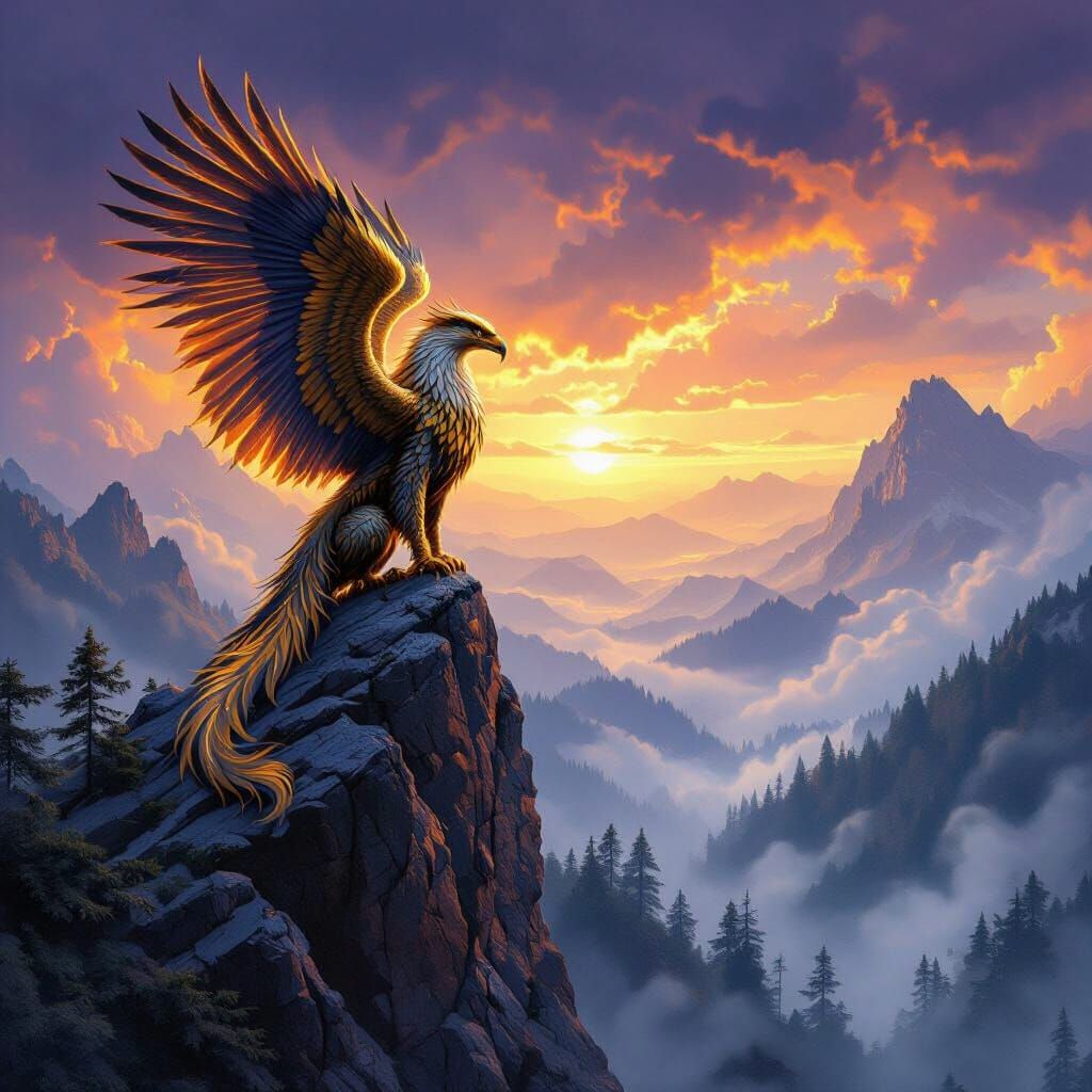 Golden Griffin Perched on Mountain Peak