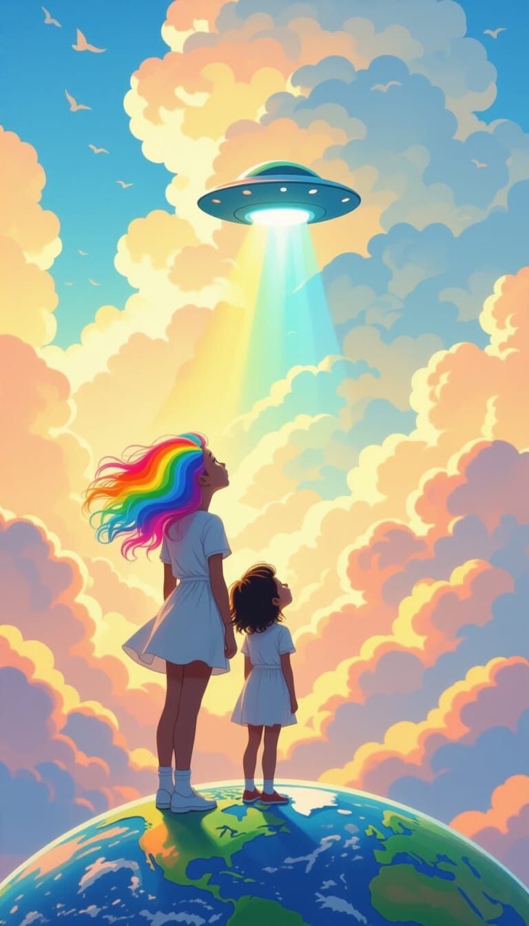 Girl Gazing at Clouds with Hidden UFO