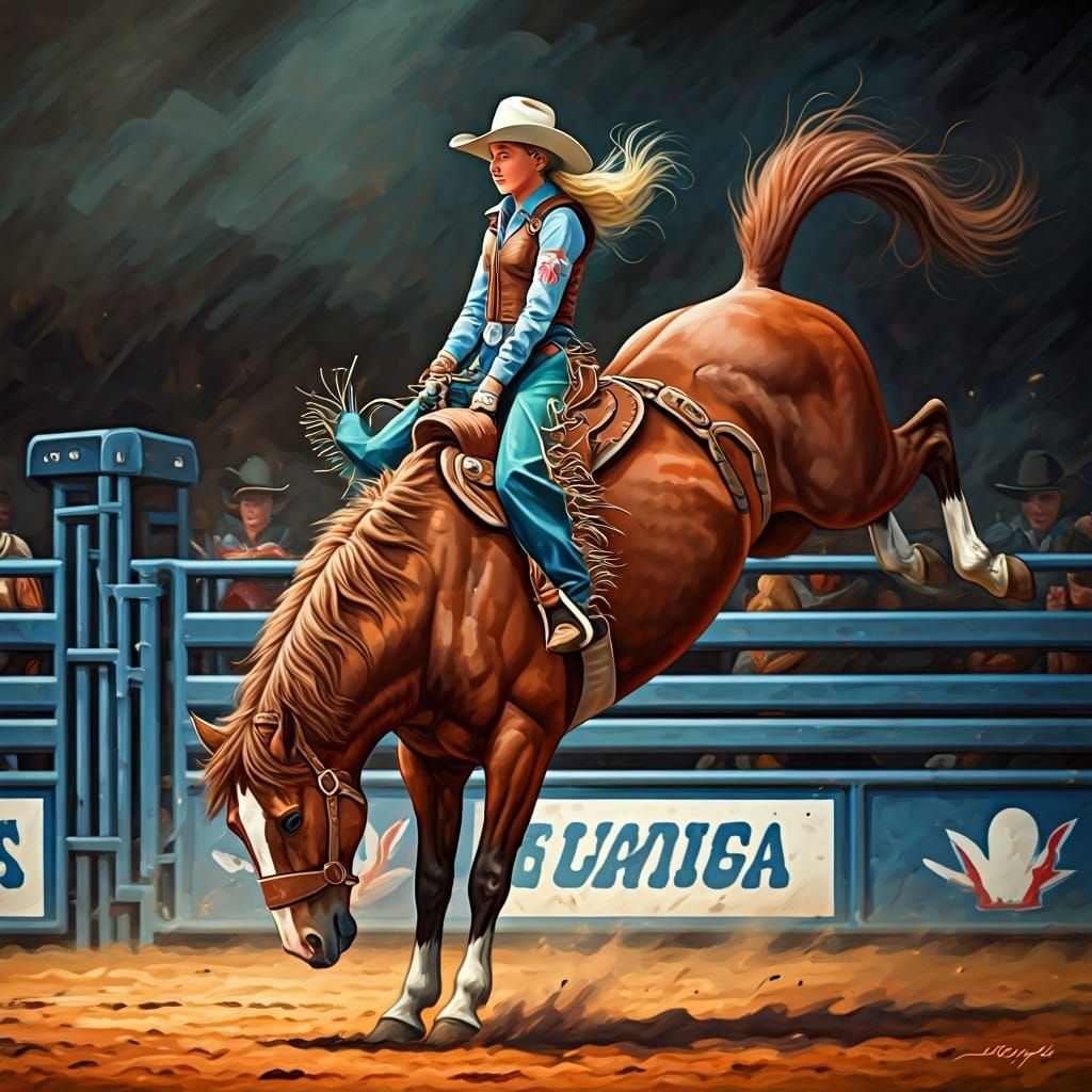 Cowgirl Rides Bucking Bronco: Hyperrealistic Oil Painting
