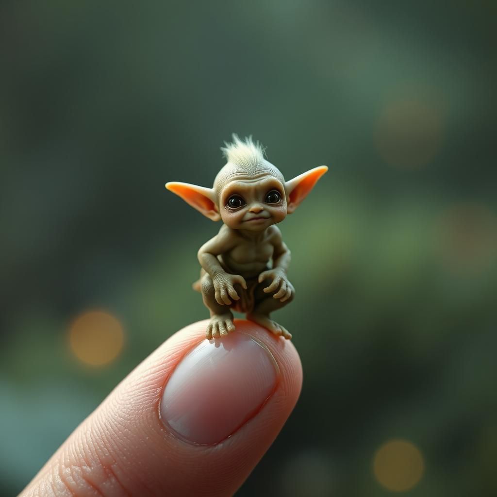 Tiny Goblin on Fingertip in Hyperrealistic Fantasy Scene