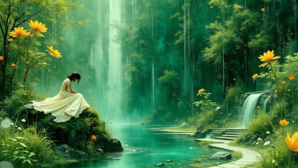 Cosmic Surrealism: Woman by Emerald Stream