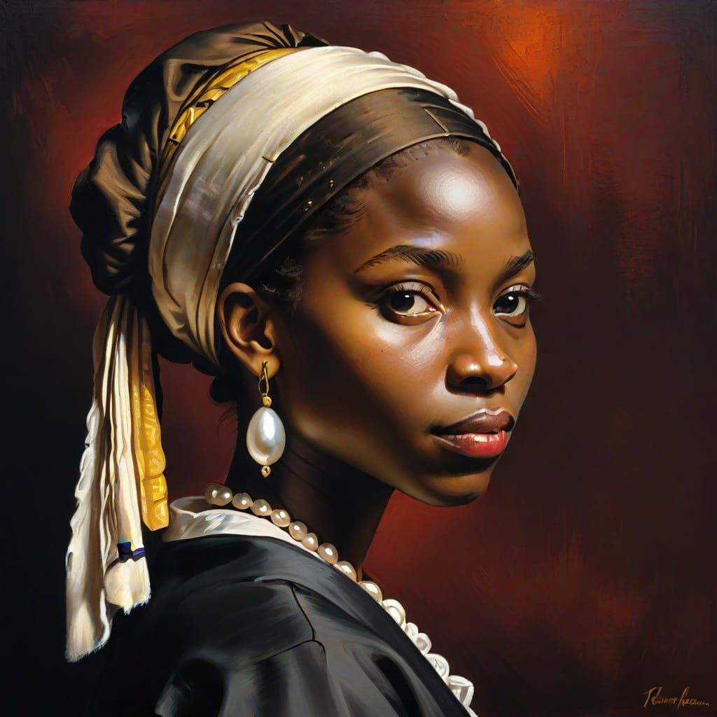 African Girl with Pearl Earring as Oil Painting
