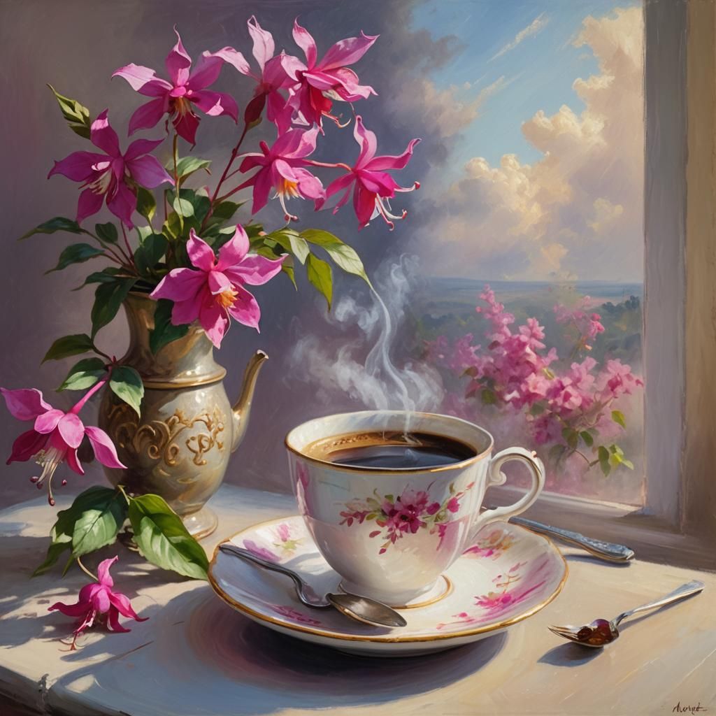 Impressionist Still Life: Coffee and Fuchsia Flower