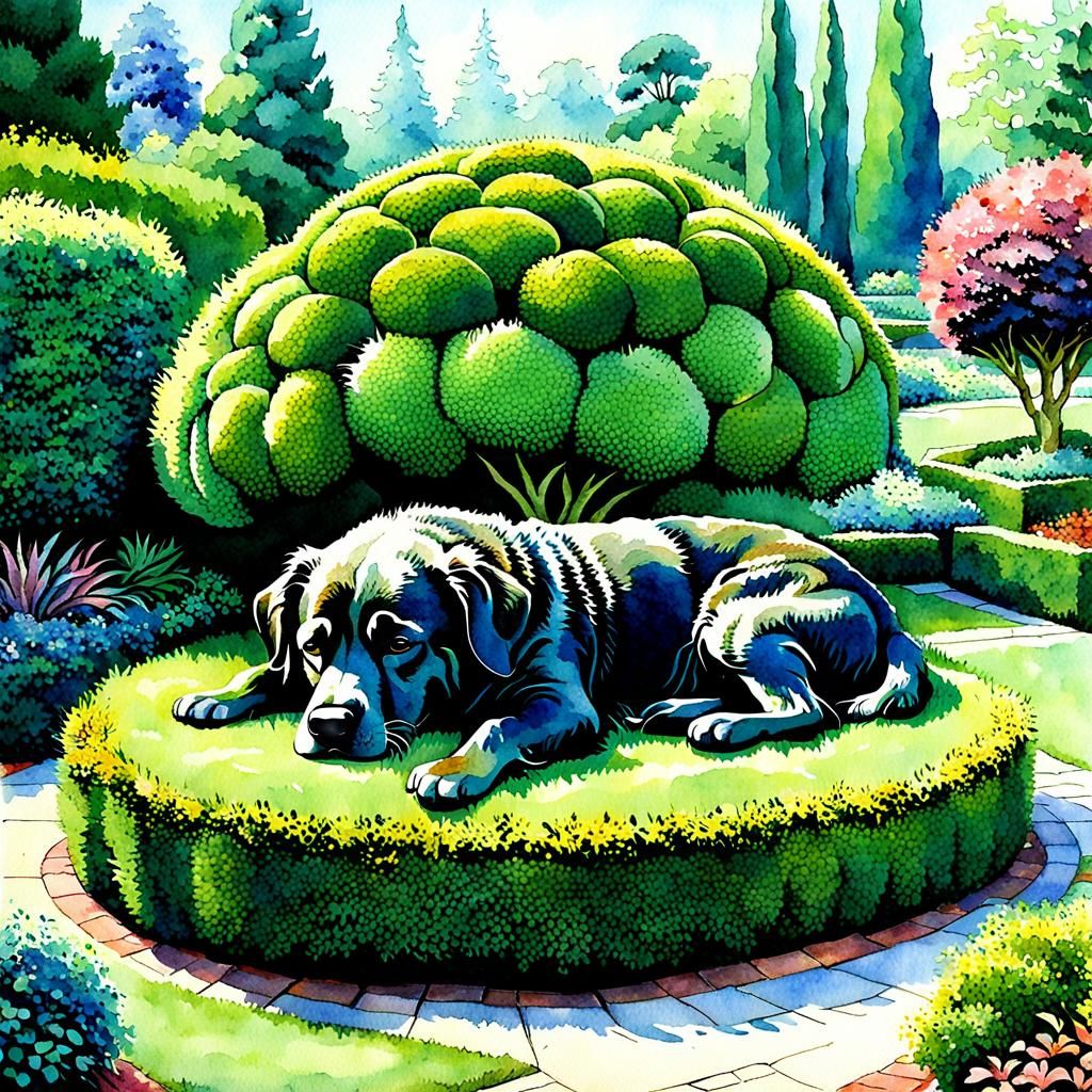 The image of a sleeping  dog, created with plants
