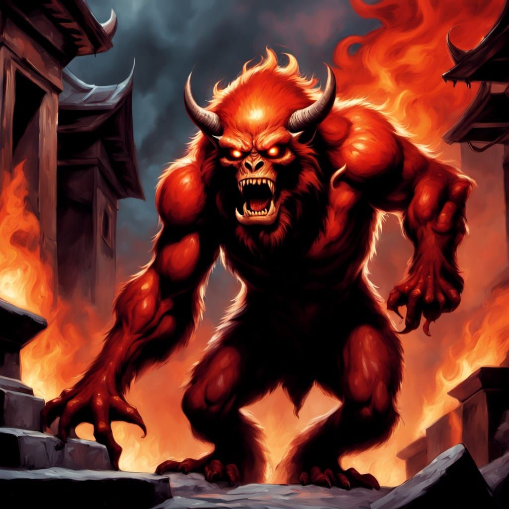 Demon Prowls Hellish Town in Dark Fantasy Style