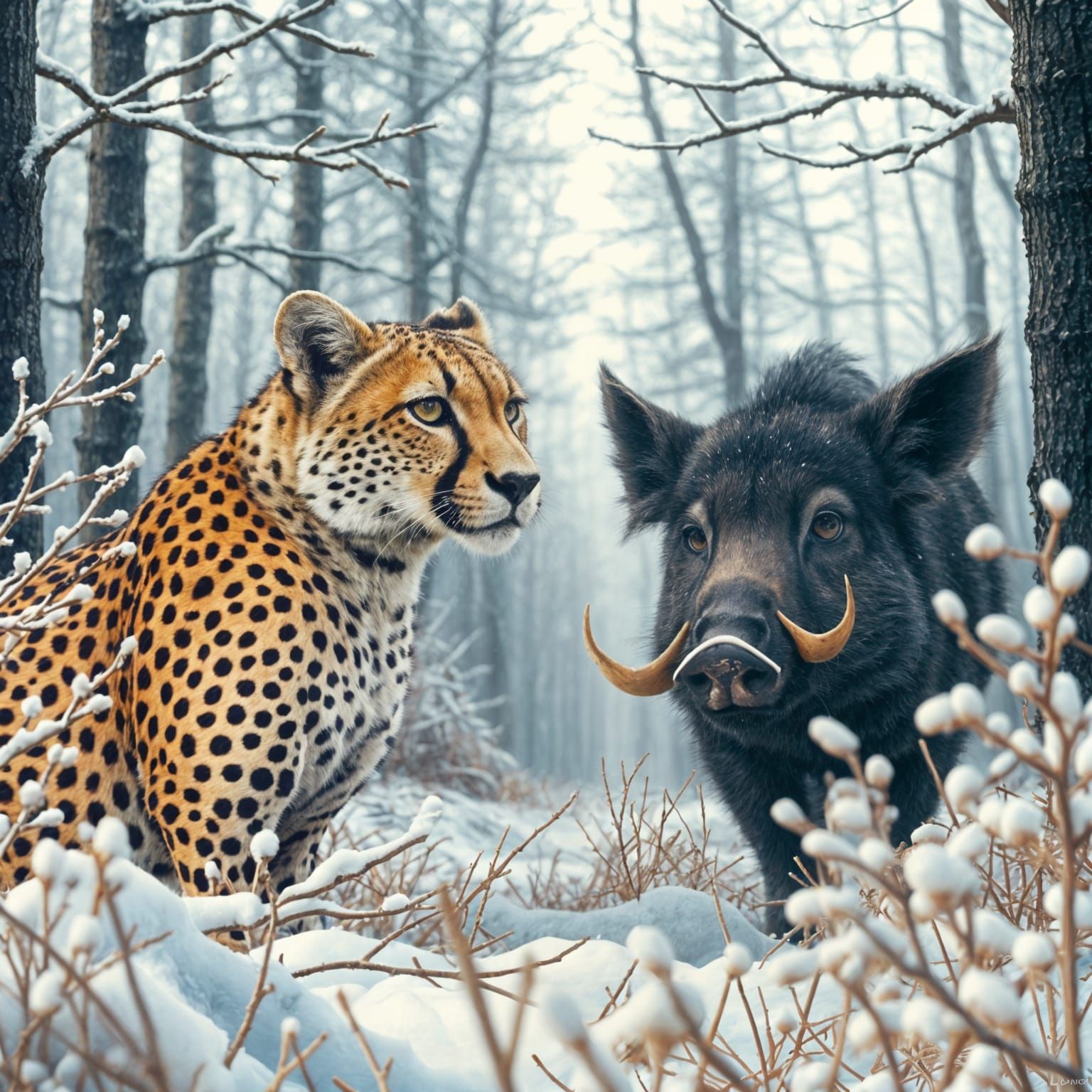 Cheetah and Boar Face Off in Snowy Forest