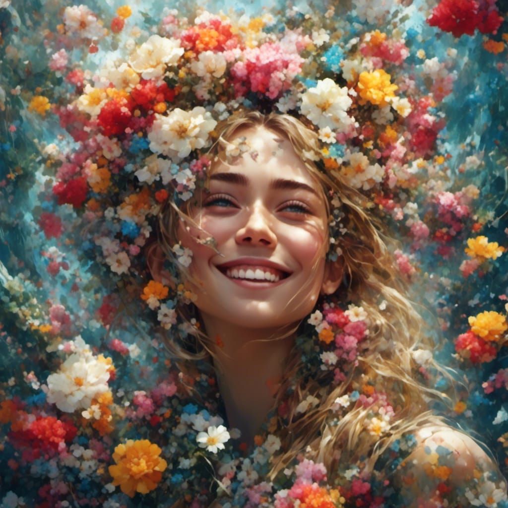 Miley Cyrus Portrait with Flowers in Hyperreal Style