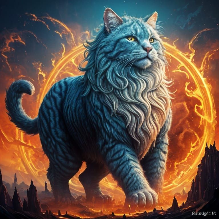 Fluffy Cat in 8-bit Fantasy Landscape