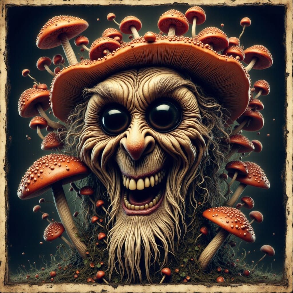 Vibrant, Surreal Mushroom Scene in Art Nouveau Style