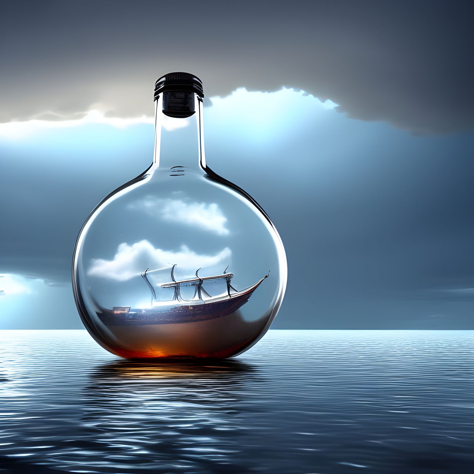 Photorealistic Ship in a Bottle During Storm
