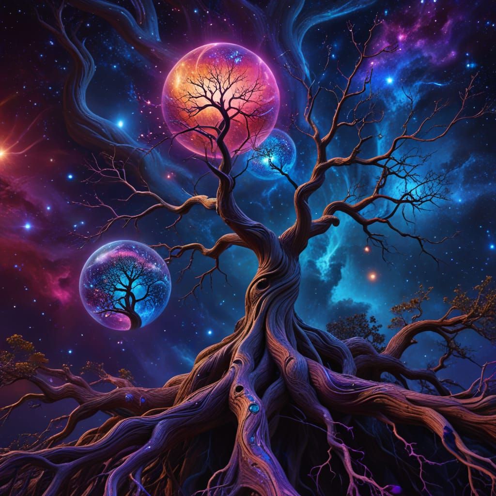 Cosmic Tree: Surrealism with Glowing Stars and Planets