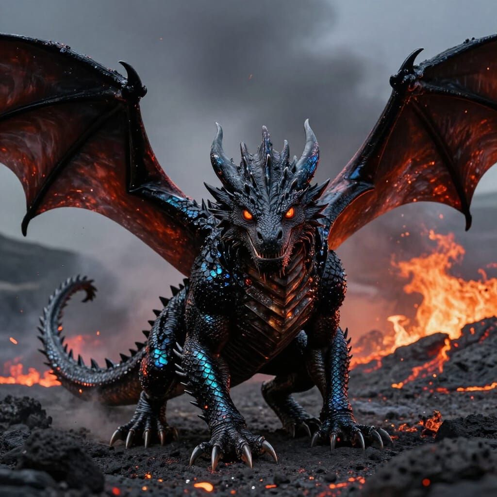 Hyperrealistic Black Dragon Ready to Attack in Fiery Caldera