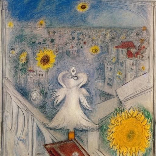 Dreamlike Scene with Seagull, Sunflower, and Guitarist