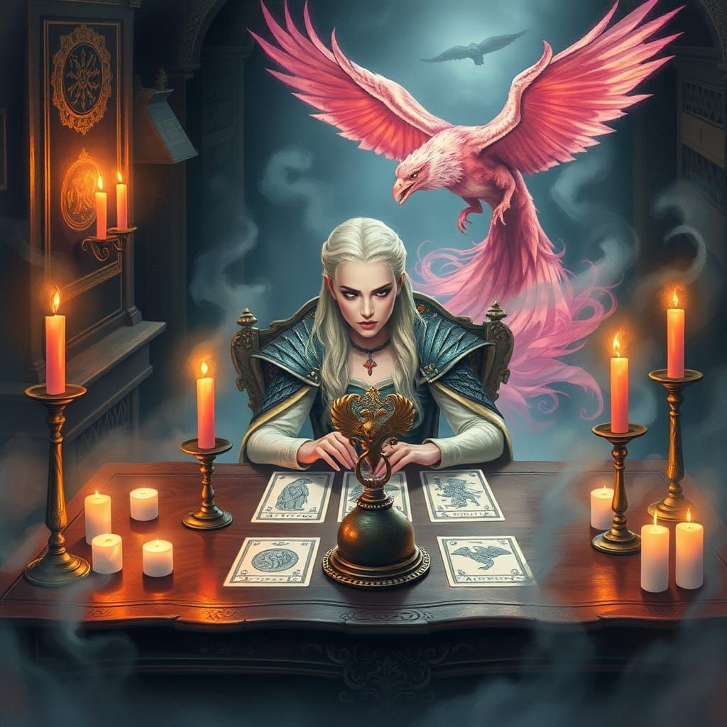 Daenerys Targaryen Reading Tarot Cards with Phoenix