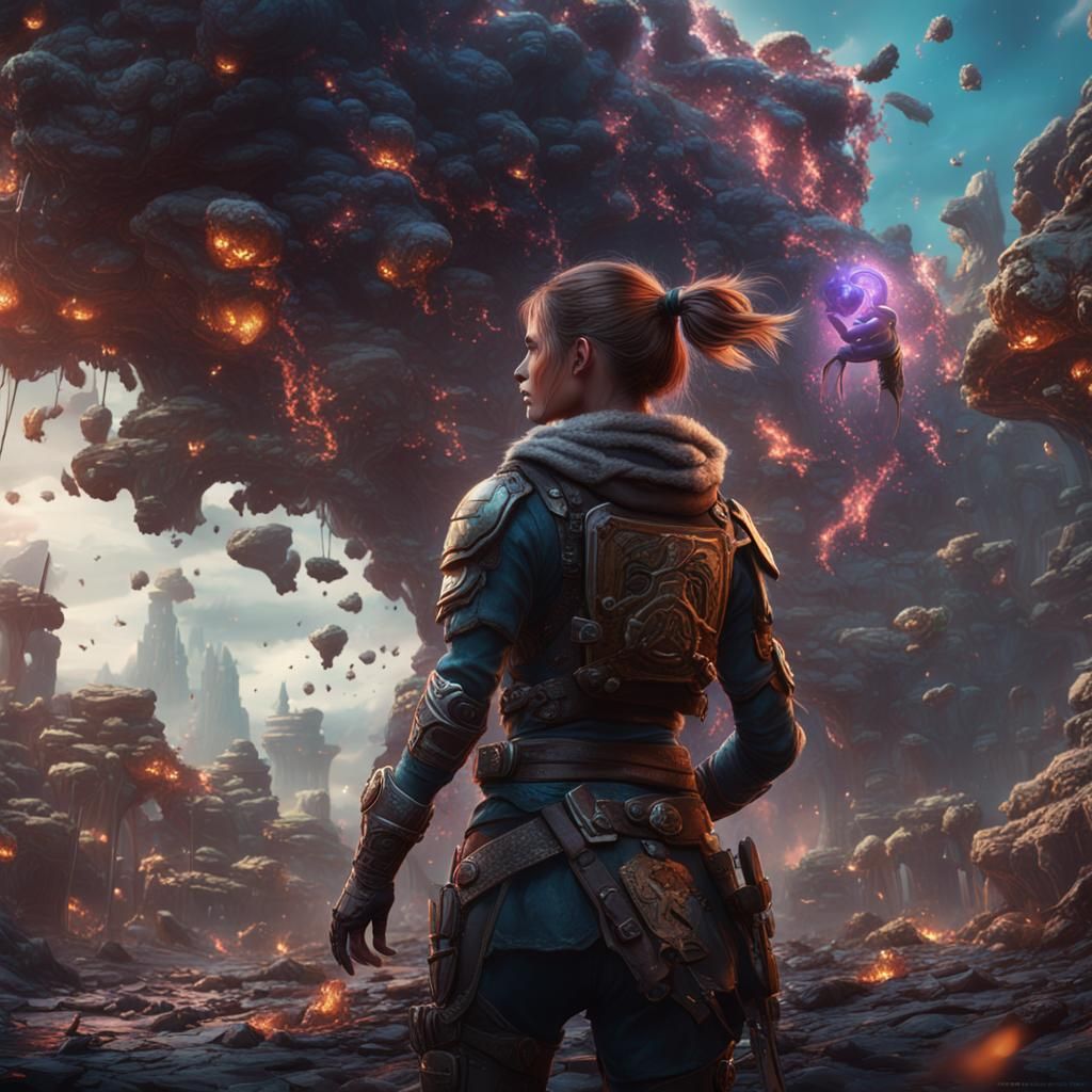 Girl Battles Thoughts: Detailed Fantasy Matte Painting