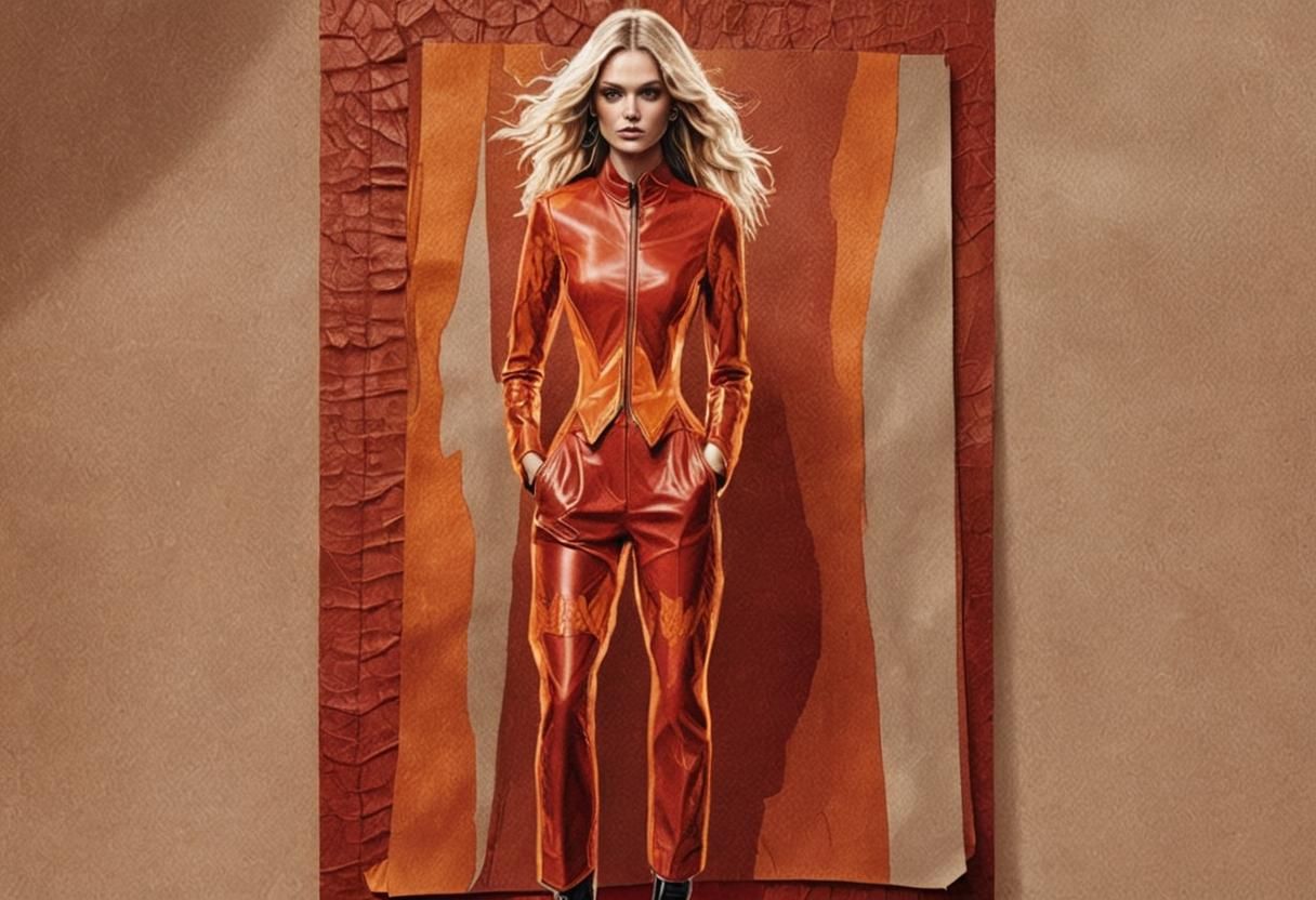 Blond Model in Red Leather Outfit on Runway
