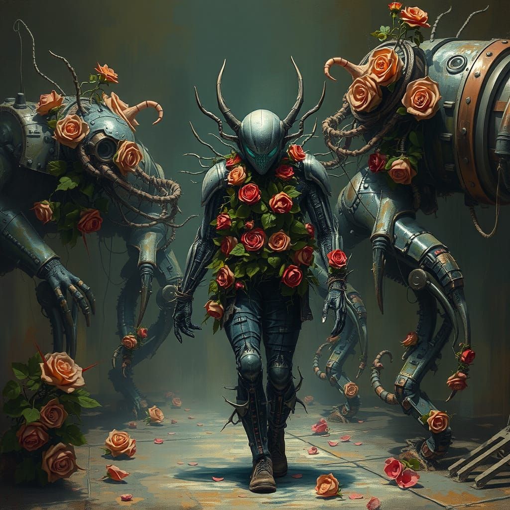 Holographic man dressed in evil plant armor, overtaken by ro...