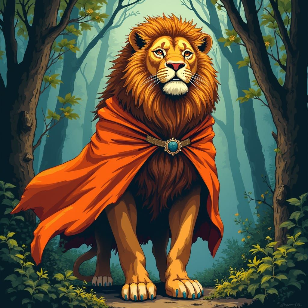 Fearless Lion in Orange Cloak, Stylized Poster