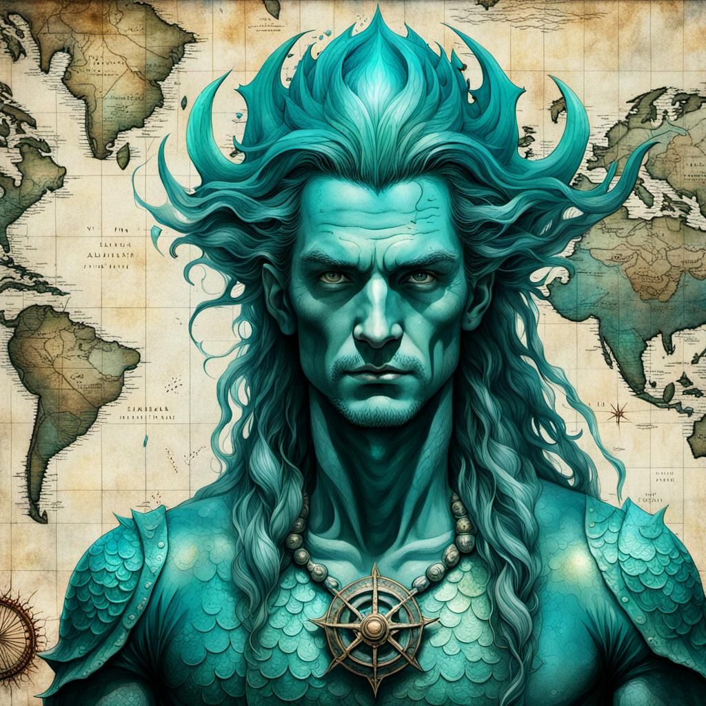 Atlantis Mermaid Man Portrait on Vintage Maritime Map
