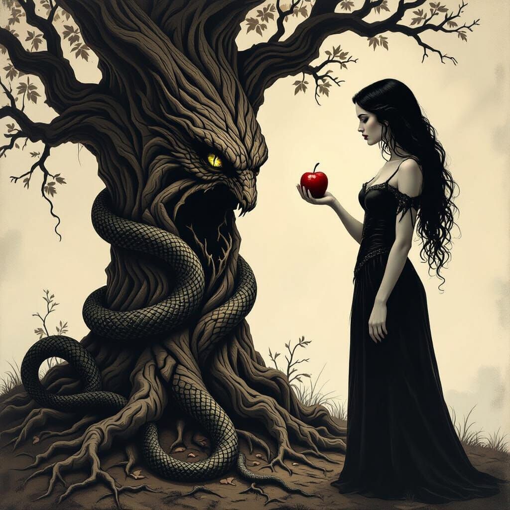 Eve and the Serpent in Dark Fantasy Art Style