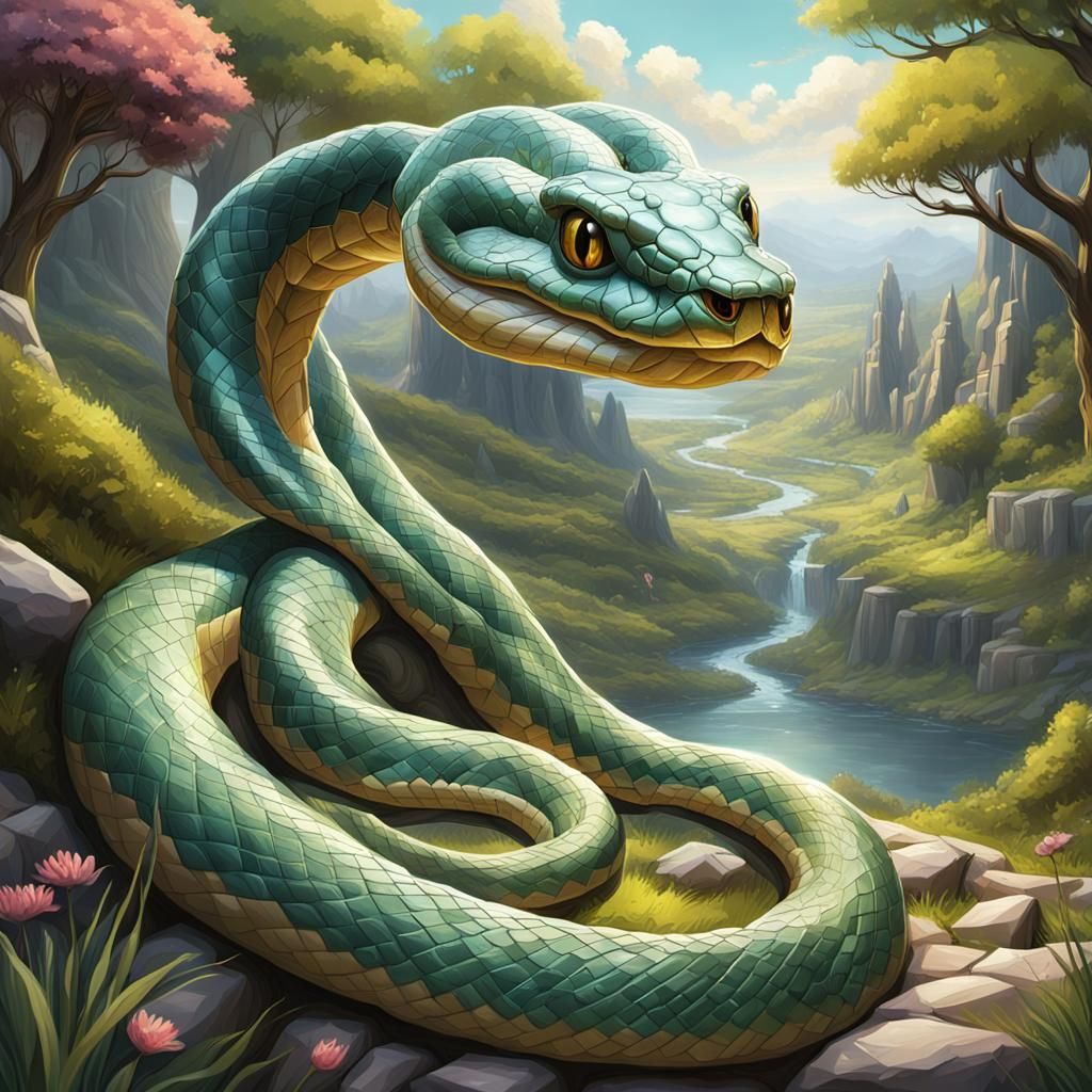 Friendly Snake in Medieval Landscape Digital Art