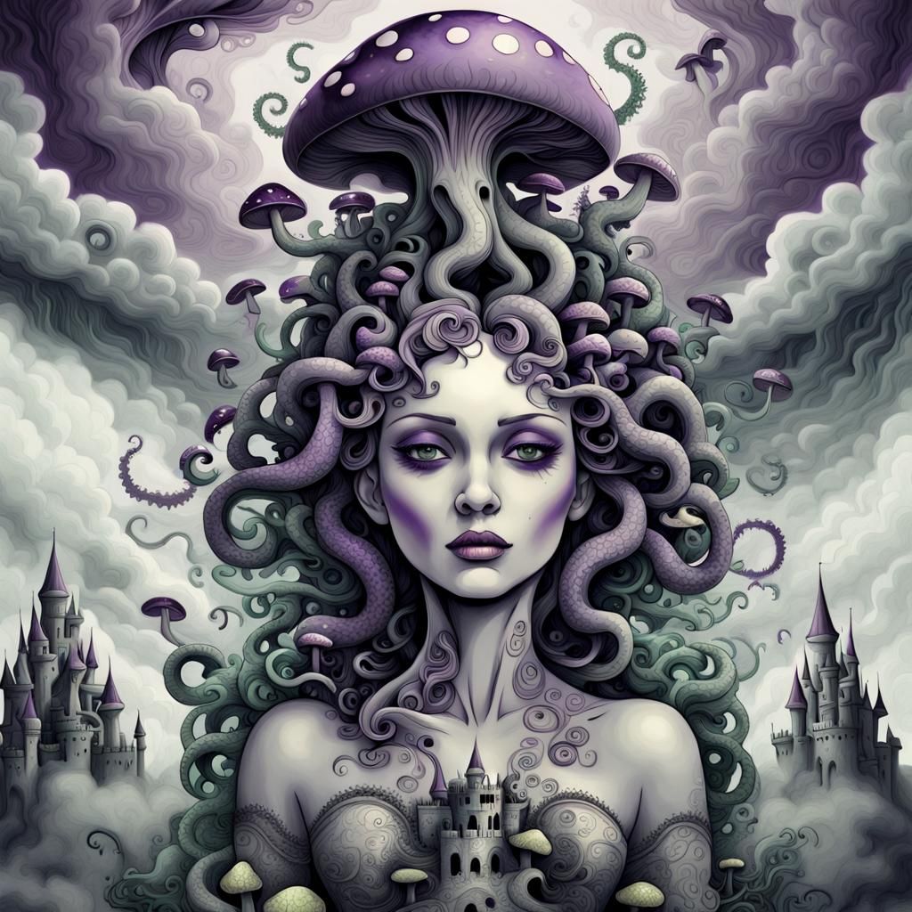 Surreal Medusa with Mushrooms in Pen and Ink Style