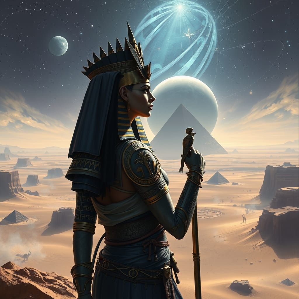 Egyptian Pharaoh Queen of Spades in Desert Under Alien Sky