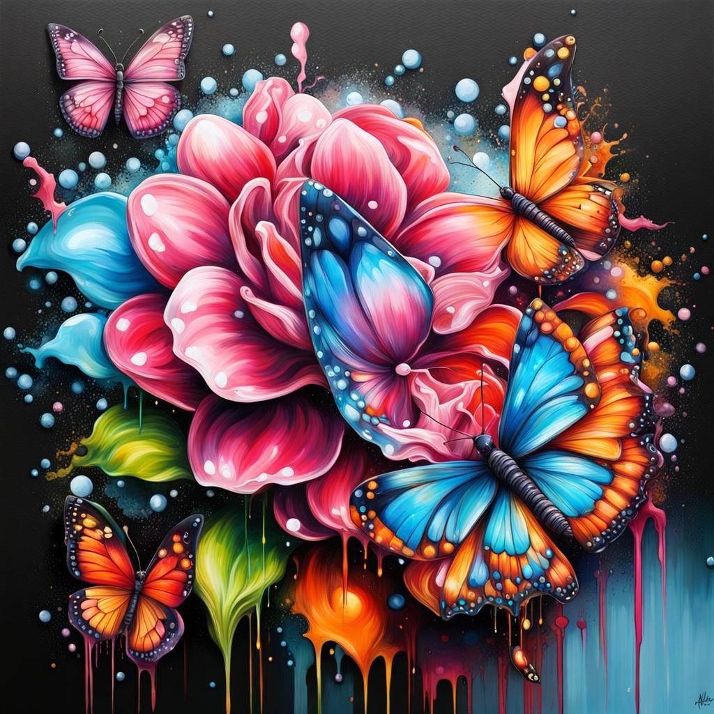 Crystal Flower and Butterfly Graffiti Art