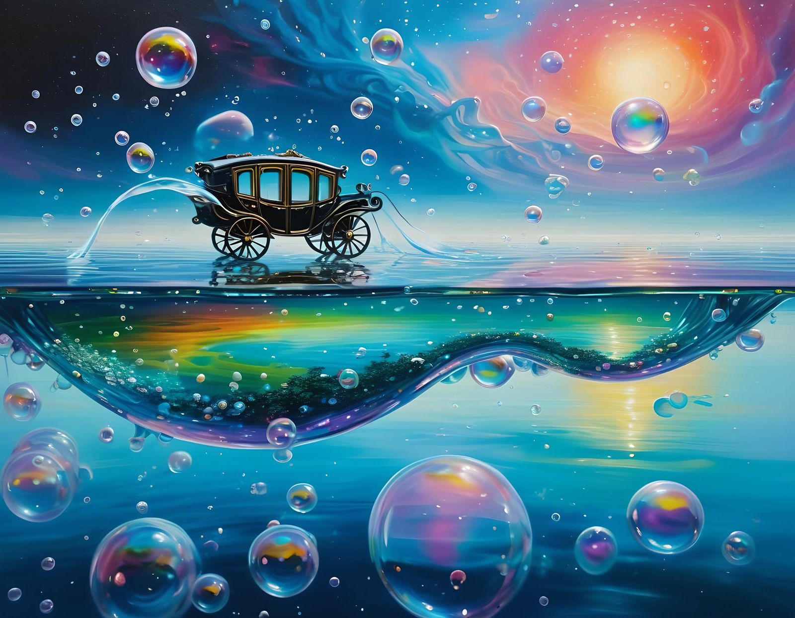 Surreal Carriage Crossing Viscous Lake Dreamscape