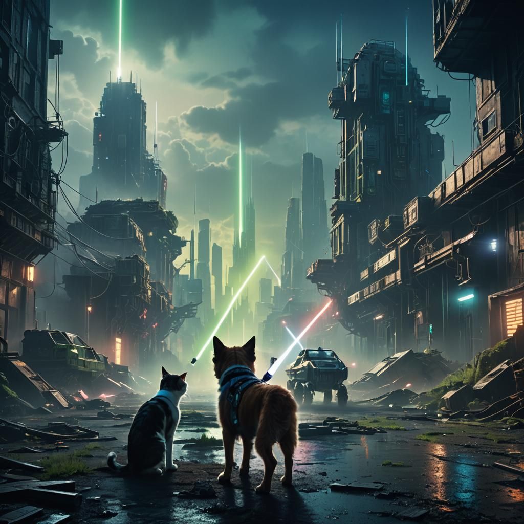 Cinematic Dog and Cat Lightsaber Duel