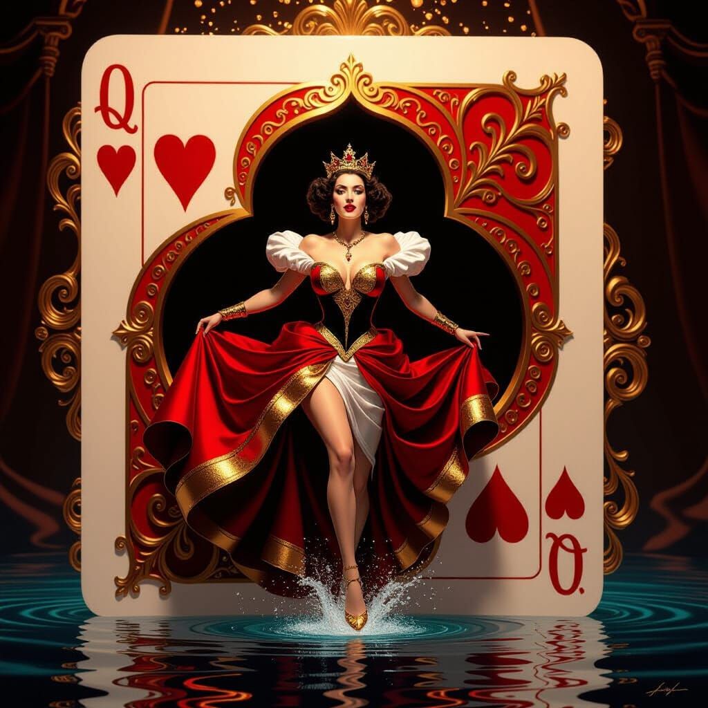 Queen of Hearts Emerging from Ornate Playing Card