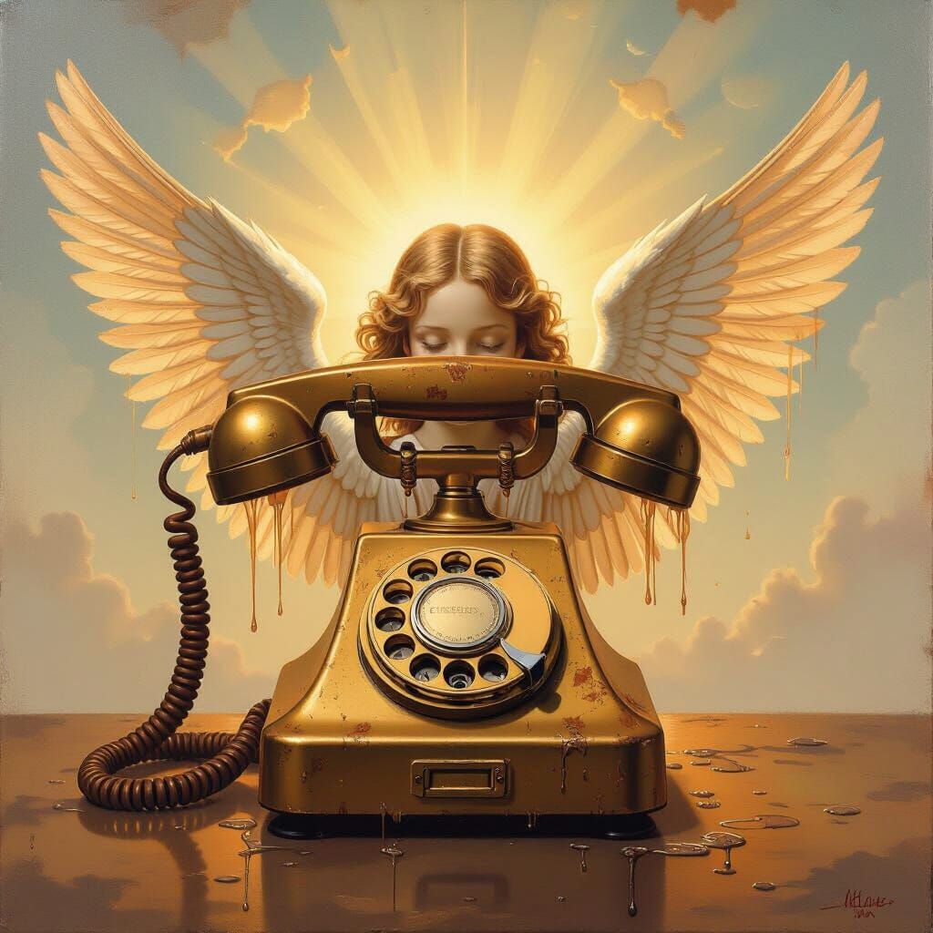 Surreal Angel Telephone: Oil Painting in Dalí Style