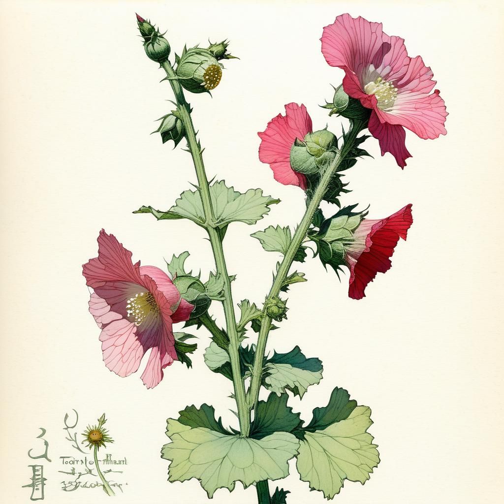 Delicate Hollyhock Blossom in Whimsical Illustration Style