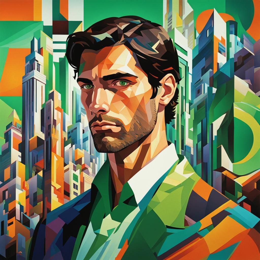 Geometric Portrait of a Mediterranean Man in Art Deco Style