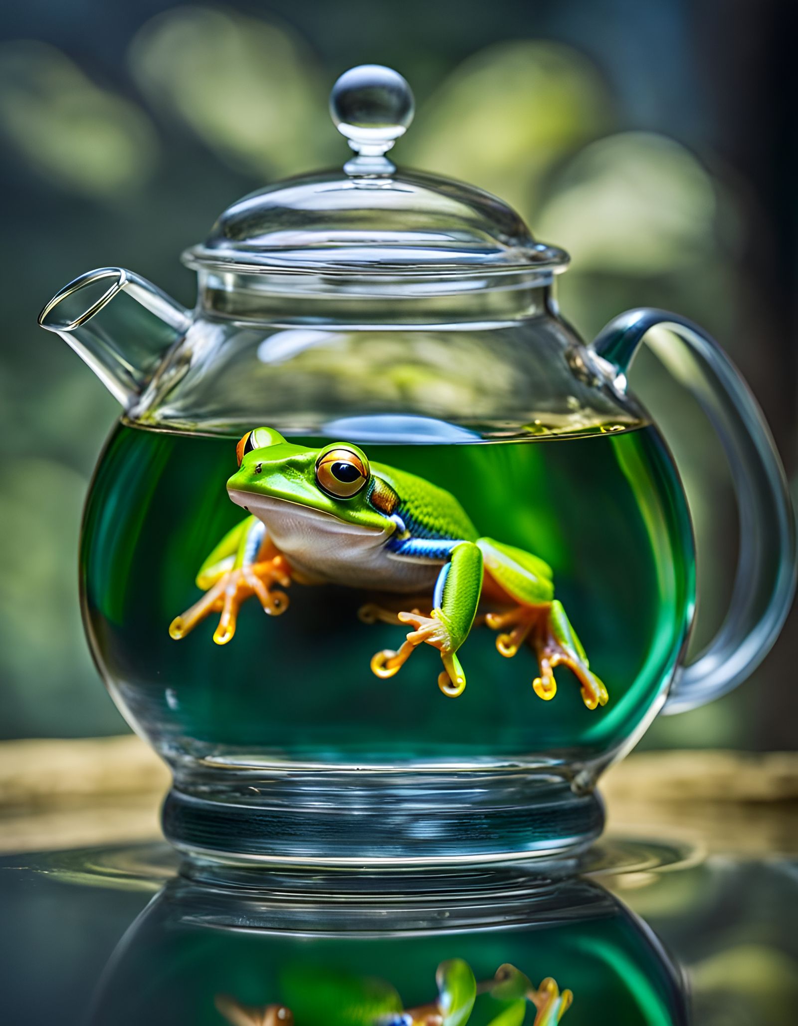 Green Tree Frog Swims in Glass Teapot