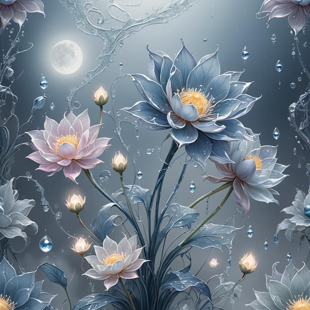 Blue Crystal Moonflower in Realistic Anime Style