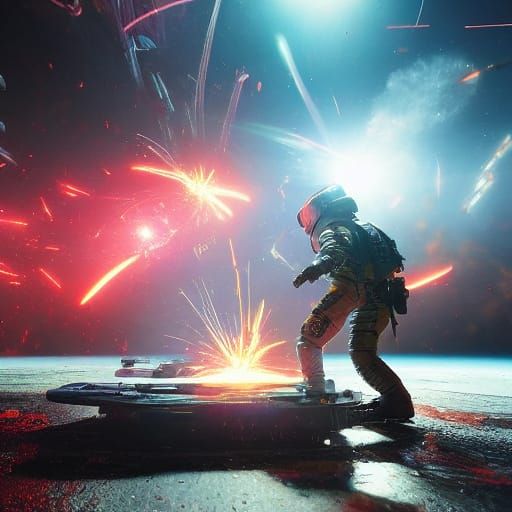 Astronauts Battle with Knives in Vibrant Sci-Fi Space Scene