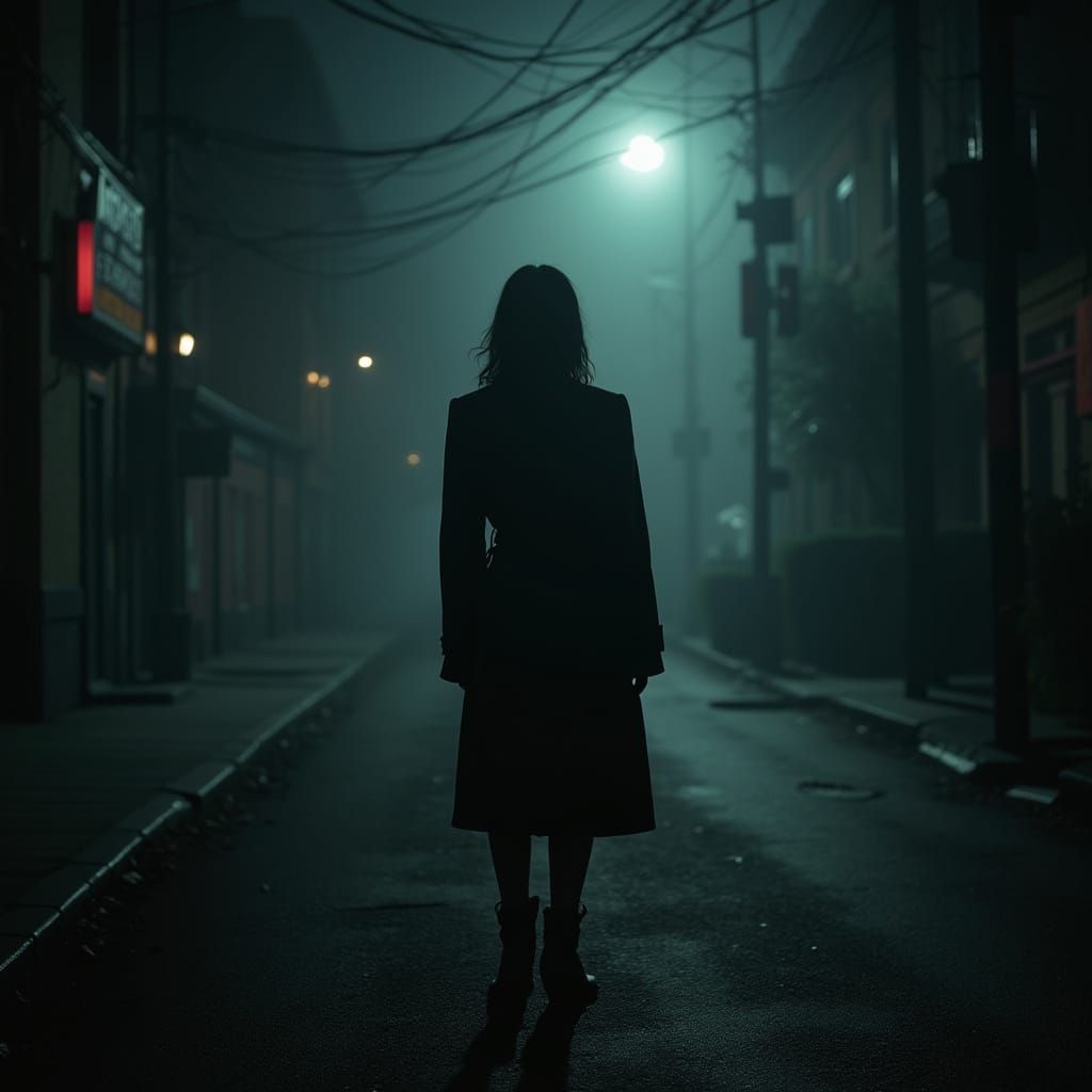 Waif Girl in Ominous, Moonlit Cityscape: Film Noir Style