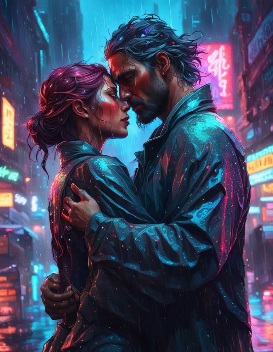 Lovers Embrace in Neon City Rain