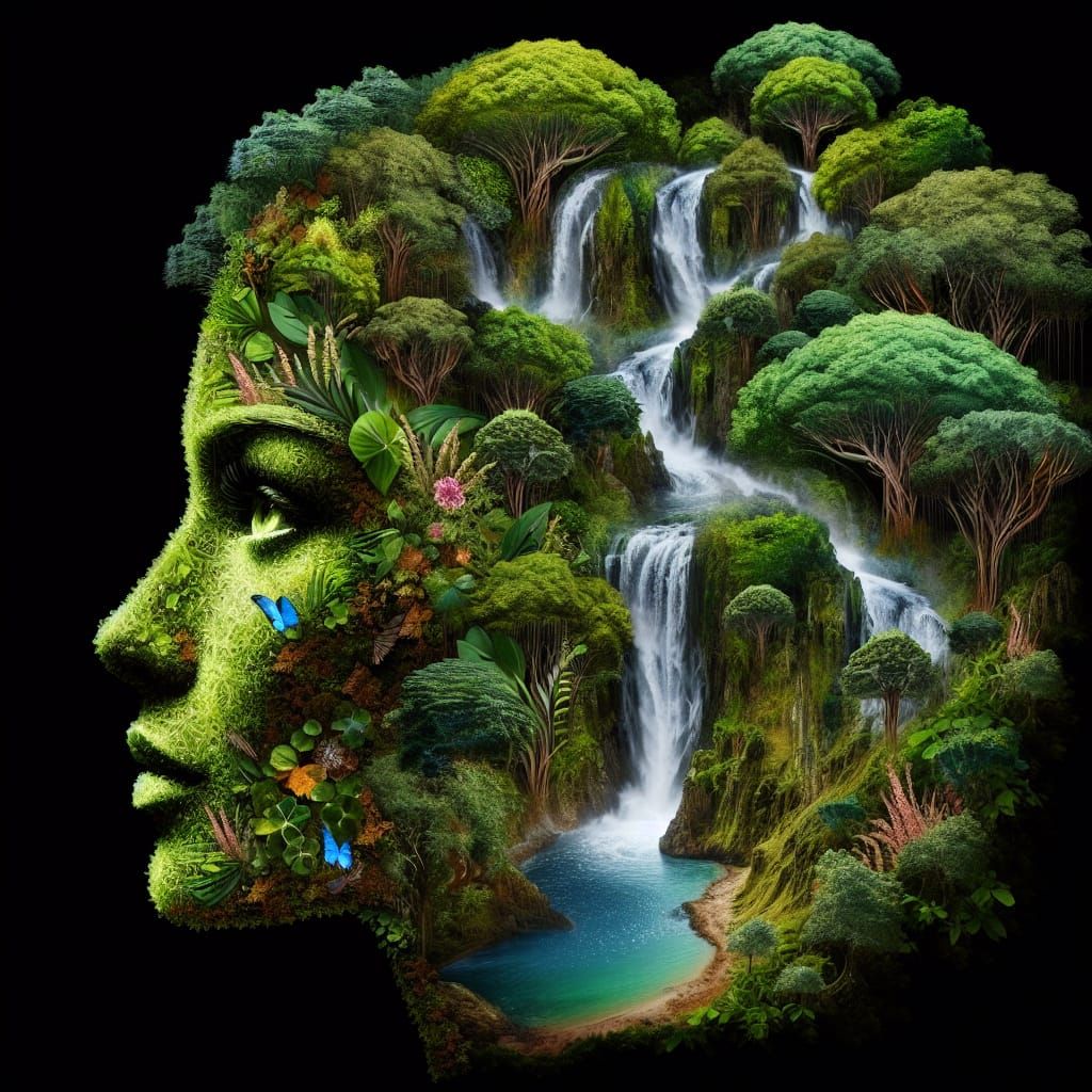 Conceptual Art: Woman's Mind in Forest Landscape